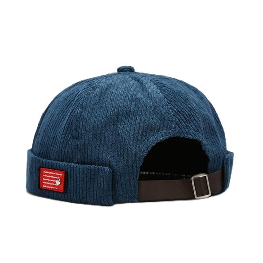 Mens Corduroy Docker Brimless Skullcap Rolled Cuff Beanie Hat - color: Blue