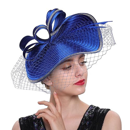 ORIDOOR Women Fascinators Derby Church Tea Party Wedding Flower Feathers Headpiece with Headband Clips - color: A Royal Blue