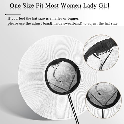 Beach Hats for Women, Straw Sun Hat Floppy Wide Brim, Foldable UPF 50+ UV Protection Summer Hat - color: White