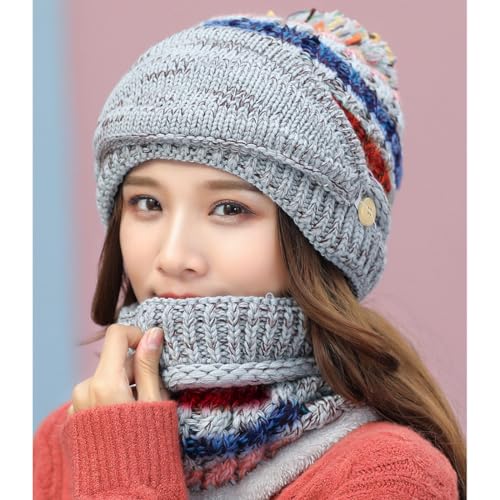 Ypser Women's Winter Warm Knitted Crochet Hat Fleece Lined Cable Faux Fur Pom Pom Beanie Hat Skull Cap - color: Grey 3 Pcs Set (Hat & Scarf & Face Mask)