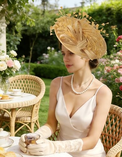 Unpifolov Fascinators Hats Elegant Women Flower Mesh Feathers Wedding Cocktail Bride Headband for Derby Hat Tea Party - color: Khaki