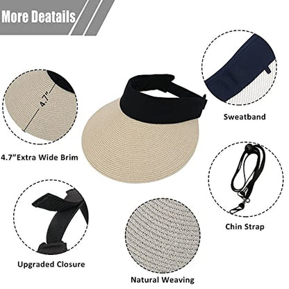 Women Straw Sun Visor Hat Wide Brim Summer UV Protection Beach Cap Foldable Packale Korean Style - color: Beige