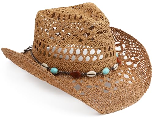 Straw Cowboy Hat for Women and Men with Shapeable Wide Brim Sun Beach Western Cowgirl Hat - color: Khaki-m