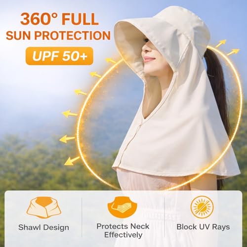 HUAMULAN Women Wide Brim Summer Sun Hat Ponytail Hole with Neck Flap - color: Beige With Neck Flap