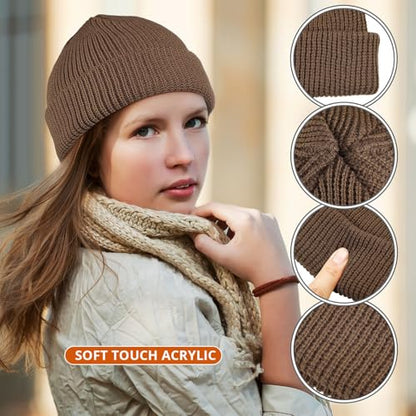 SATINIOR 4 Pieces Trawler Beanie Watch Hat Roll up Edge Skullcap Fisherman Beanie Unisex - color: Khaki, Apricot, Beige, White, size: One Size