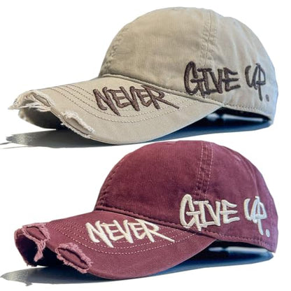 Never Give Up Embroidered Distressed Cap, Snapback Baseball Hat for Men & Women, Adjustable Dad Hat, Casual Outdoor Cap - color: Khaki+burgundy