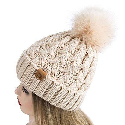 PAGE ONE Womens Winter Ribbed Beanie Crossed Cap Chunky Cable Knit Pompom Soft Warm Hat - color: Beige