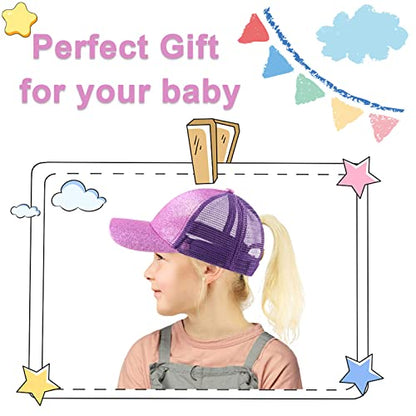Zsedrut Girls Glitter Baseball Cap Kids Adjustable Ponytail Hat Toddler Summer Mesh Trucker Hats - color: Purple