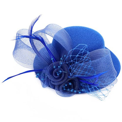 Zinniday 2026 Mini Fascinators Hat - Elegant Small Blue Kentucky Attire Derby Headwear Accessories 1920s 50s High Tea Party Church Tiny Veil Hat with Hair Clip for Women Girls - color: Blue