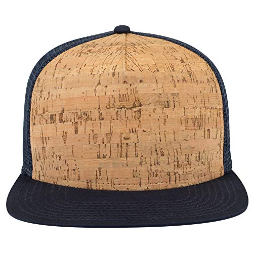 OTTO Cork Flat Visor SNAP 5 Panel Mesh Back Trucker Snapback Hat - color: Nvy/Cork/Nvy