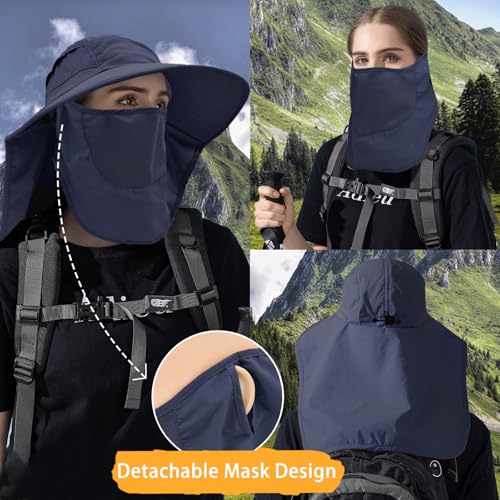 Sun Hats for Men Women Detachable Face Cover Wide Brim Fishing Hats with Neck Flap UPF 50+ Outdoor Safari Hats - color: Navy Blue