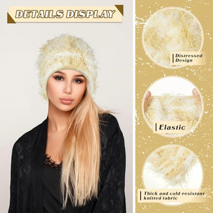 Chuarry Distressed Knitted Beanie Fuzzy Winter Hat - color: Assorted Beige