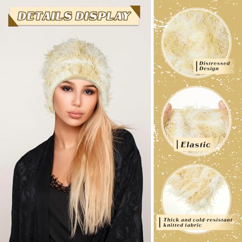 Chuarry Distressed Knitted Beanie Fuzzy Winter Hat - color: Assorted Beige