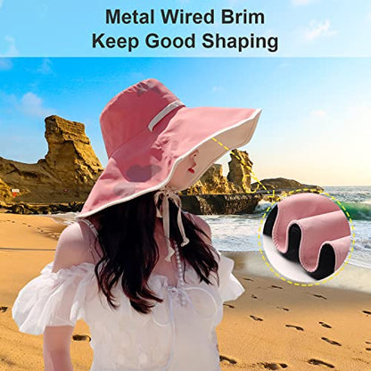 HUAMULAN Women Summer Vacation Wide Brim Sun Hat Reversible Fishing Hats - color: M0004-hongse