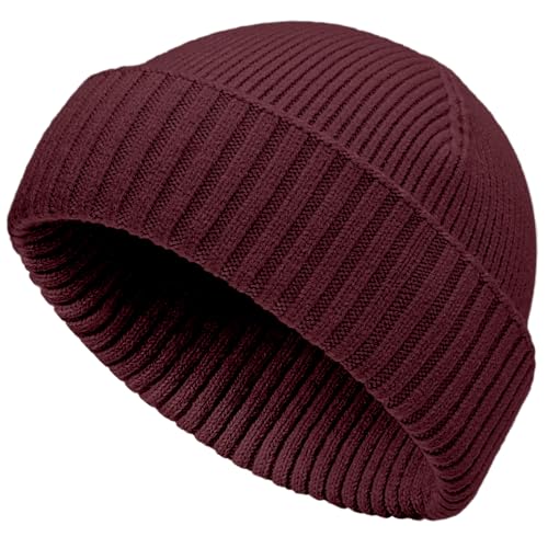 vidsel 50% Wool Double Cuff Beanie Hat for Men Women, Warm Winter Knit Cap - color: Burgundy