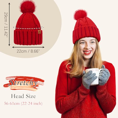 FZ FANTASTIC ZONE Womens Pom Pom Winter Warm Beanie Hat Cap Fleece Lined - color: Red