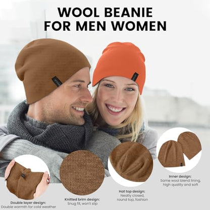 Wool Blend Thin Beanie for All Season, 2 Pack Lightweight Slouchy Knit Beanie Hats Sleep Cap - color: Orange/Brown