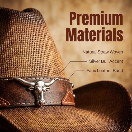 Straw Cowboy Hats for Women and Men - color: Sf-bronw, size: Medium