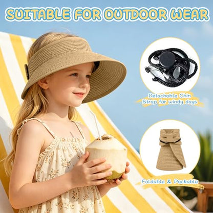 Girls Sun Visor Hat with Ponytail Hole Wide Brim Beach Straw Visor UPF 50+ - color: 1pack-khaki
