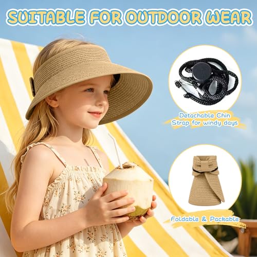 Girls Sun Visor Hat with Ponytail Hole Wide Brim Beach Straw Visor UPF 50+ - color: 1pack-khaki