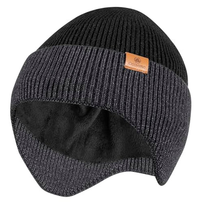 Ocatoma Winter Beanie with Earflap for Men Women Knit Hat Outdoor Unisex - color: Lp Black