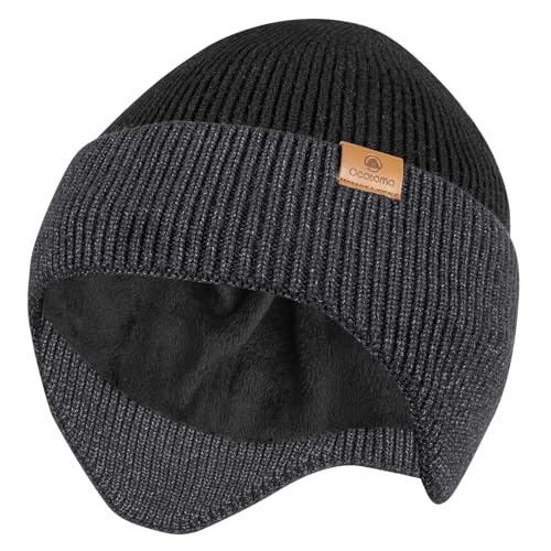 Ocatoma Winter Beanie with Earflap for Men Women Knit Hat Outdoor Unisex - color: Lp Black