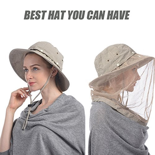 USHAKE Head Net Hat, Safari Hat Sun Hat Bucket Hat with Hidden Net Mesh - color: Khaki+khaki