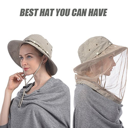 USHAKE Head Net Hat, Safari Hat Sun Hat Bucket Hat with Hidden Net Mesh - color: Khaki+khaki