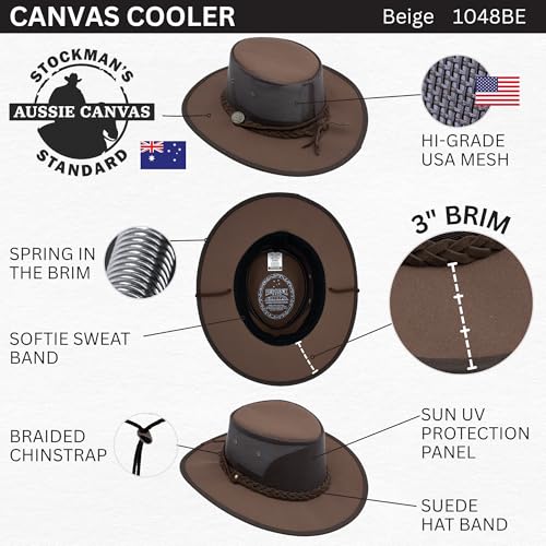 1048 Canvas Cooler - Australian Drover Sun Hat - Durable Canvas, Airflow Mesh, Lightweight, Wide Brim - color: Brown, size: Large