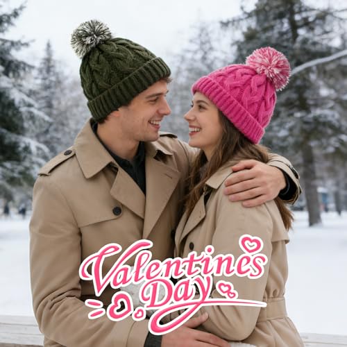 Slouchy Chunky Knit Beanie with Pom Pom - Cozy Winter Bobble Hat for Women and Men - color: Hot Pink