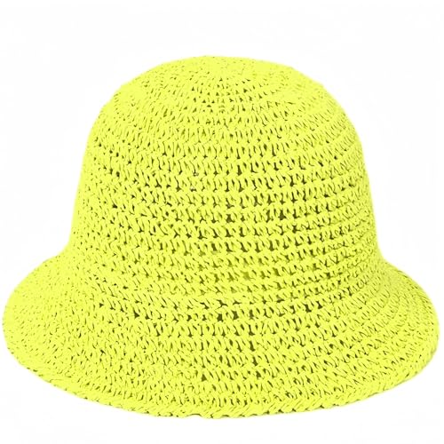 Womens Floppy Straw Sun Hat Packable Wide Brim Summer Beach Hat Foldable Crochet Bucket Hats - color: Fluorescent Color
