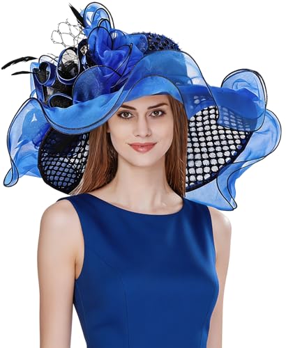 Z&X Women Organza Church Derby Hat Wide Brim Sun Hats for Wedding Tea Party Fascinator Hat, Dual-use - color: 2001- Royal Blue