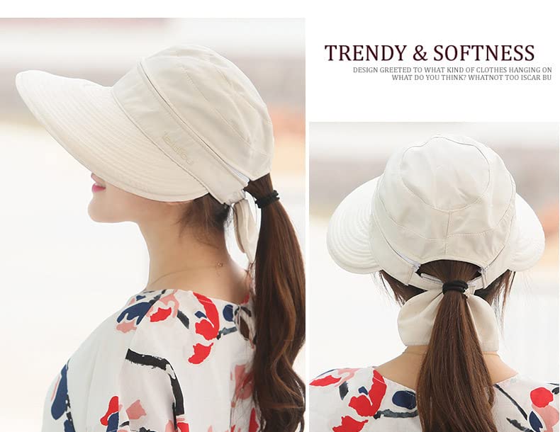Womens Large Brim Sun Hat Uv Protection 2 in 1 Zip-Off Sun Protection Visor Beach Hat Packbale Foldable - color: Beige