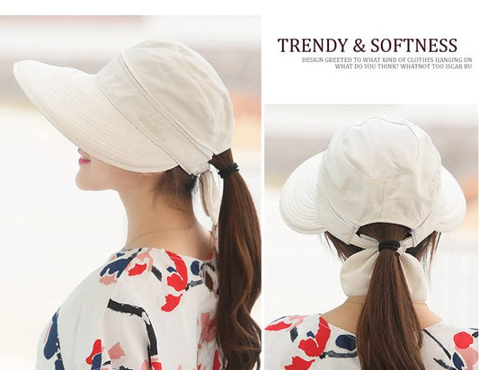 Womens Large Brim Sun Hat Uv Protection 2 in 1 Zip-Off Sun Protection Visor Beach Hat Packbale Foldable - color: Beige