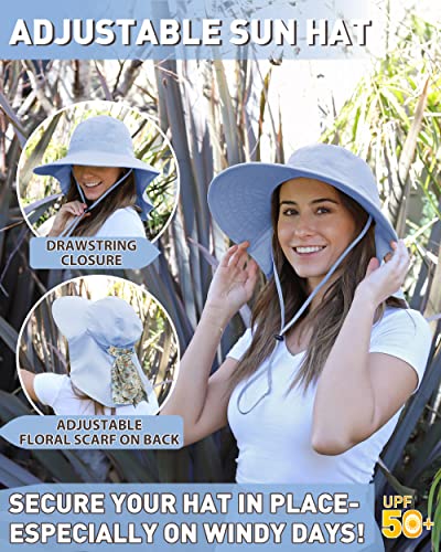 Tirrina Women's Sun Hat Wide Brim, UV Protection Sun Hats for Women - color: Blue W/ Floral Ribbon