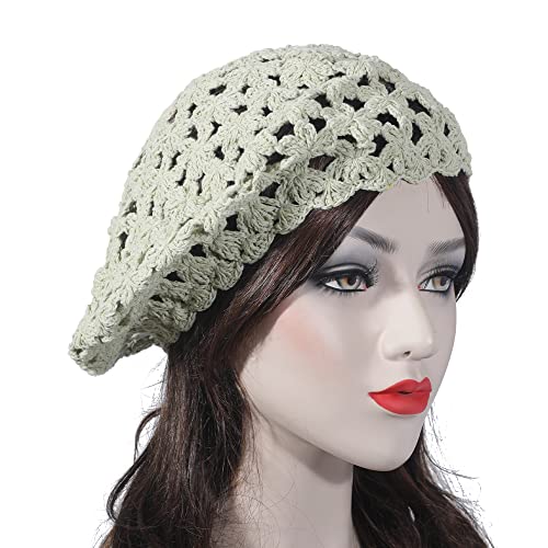ZLYC Women Cotton Slouchy Crochet Beret Handmade Cutout Floral Beanie Hat - color: Solid Green