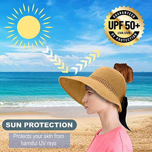 Straw Sun Visor for Women, Wide Brim UPF 50+ Protection Beach Hat, Adjustable, Roll Up Foldable Ponytail Cap with Chin Strap - color: A Mustard