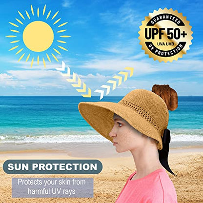 Straw Sun Visor for Women, Wide Brim UPF 50+ Protection Beach Hat, Adjustable, Roll Up Foldable Ponytail Cap with Chin Strap - color: A Mustard