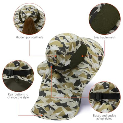 BASSDASH UPF 50+ Unisex Water Resistant Wide Brim Sun Hat with Large Neck Flap Ponytail Fishing Hat for Men Women - color: Mountain Camo/Amy Green