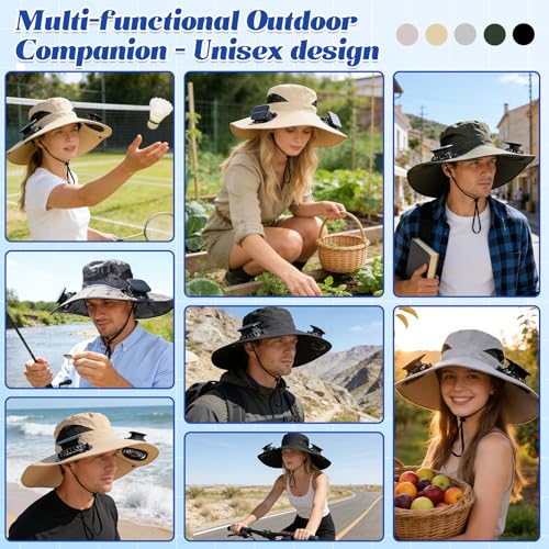 Hat with Fans Solar Power, UPF 50+ Wide Brim Sun Hat, Fishing Essentials for Hiking Beach Summer Safari - color: Camouflage Gray