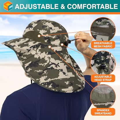 SUN CUBE Wide Brim Sun Hat with Neck Flap for Men Women, UPF50+ Fishing - color: Green Camo