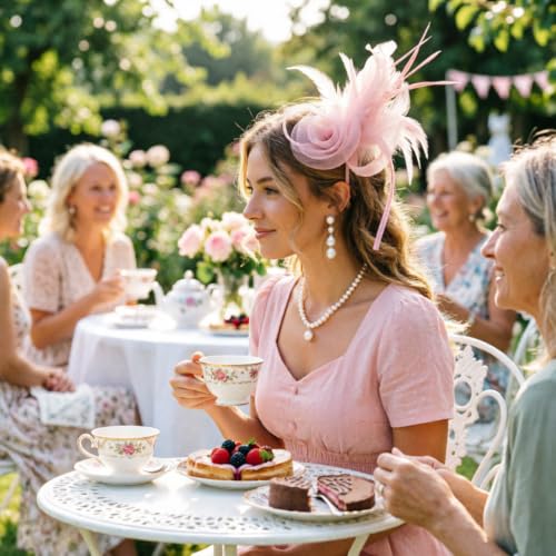 DRESHOW Fascinators Hats for Women Tulle Feather Tea Party Fascinator Hats - color: Nude Pink