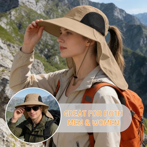 Sun Hat for Men Women with Neck Flap,UPF 50+ UV Protection Fishing Hat - color: 1pack-khaki Sleeves