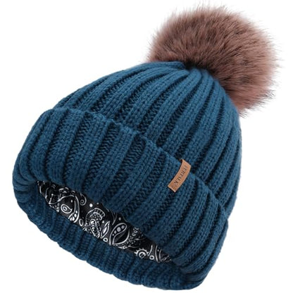 FURTALK Womens Winter Beanie Hat Satin Lined Faux Fur Pom Pom Beanies Hat for Women Winter Warm Knit Hats - color: Blue