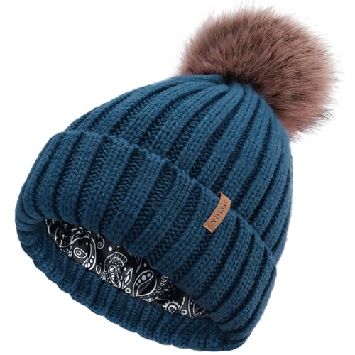 FURTALK Womens Winter Beanie Hat Satin Lined Faux Fur Pom Pom Beanies Hat for Women Winter Warm Knit Hats - color: Blue