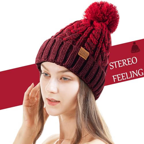 REDESS Women Winter Pompom Beanie Hat with Warm Fleece Lined Thick Slouchy Snow Knit Hat Skull Ski Cap - color: Tone Red