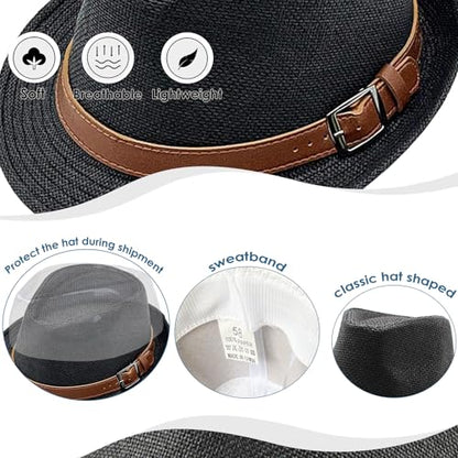Straw Fedora Hat for Men Panama Hat Short Brim Summer Sun Hat - color: A-black