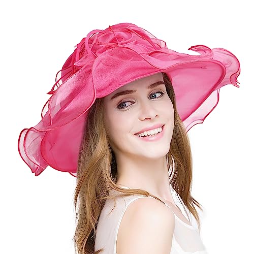 2026 Derby Hat, Classy Sun Hats for Women Ladies, Organza Feather Kentucky Fascinator for Tea Party Church UV Protection - color: V-3021-rose Red