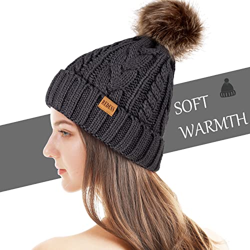 REDESS Women Winter Pompom Beanie Hat with Warm Fleece Lined Thick Slouchy Snow Knit Hat Skull Ski Cap - color: Dark Gray