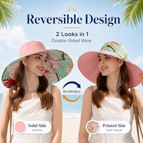 HUAMULAN Wide Brim Women Summer Sun Floppy Hat Reversible Beach Bucket Hat - color: Bg8240-pink